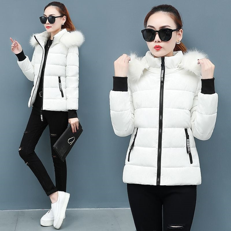 Thicken Big Fur Collar Plus Size Fat Sister Cotton-padded Coat - White / M