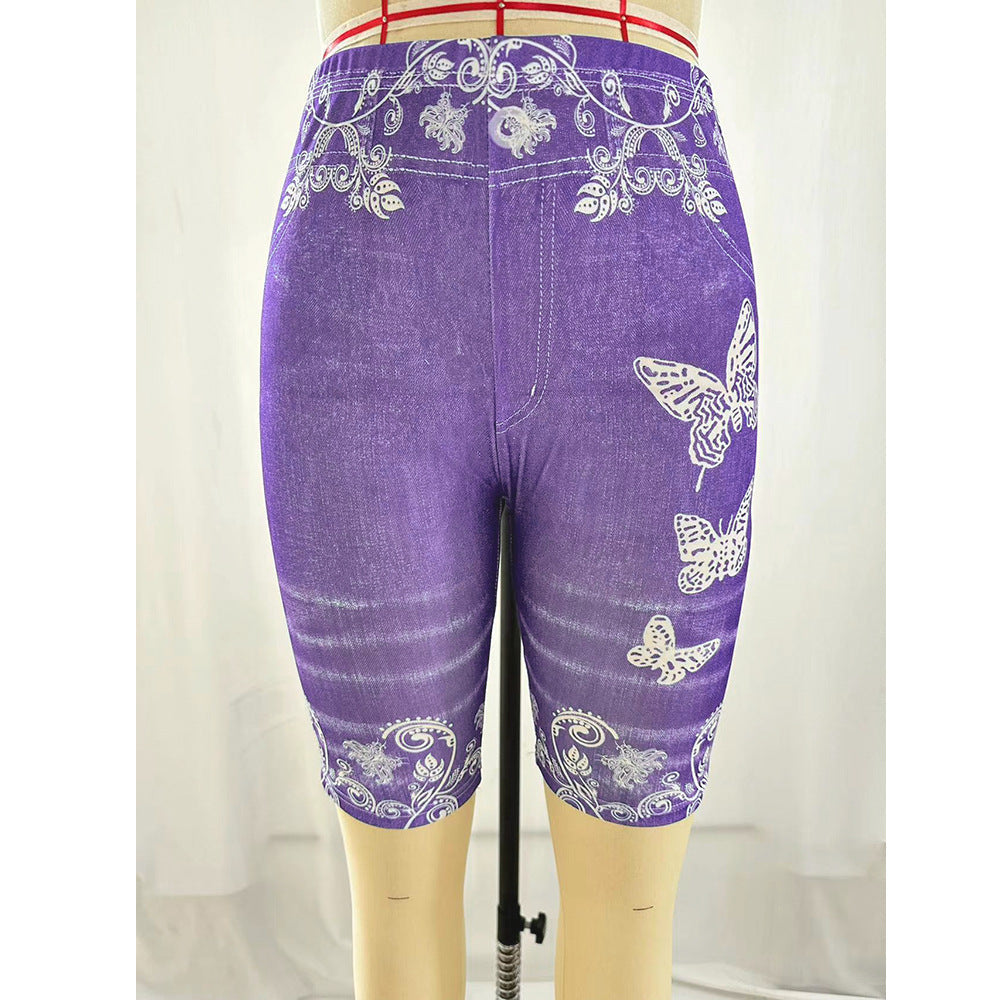 Printed Denim Butterfly Sports Leggings - Purple / S