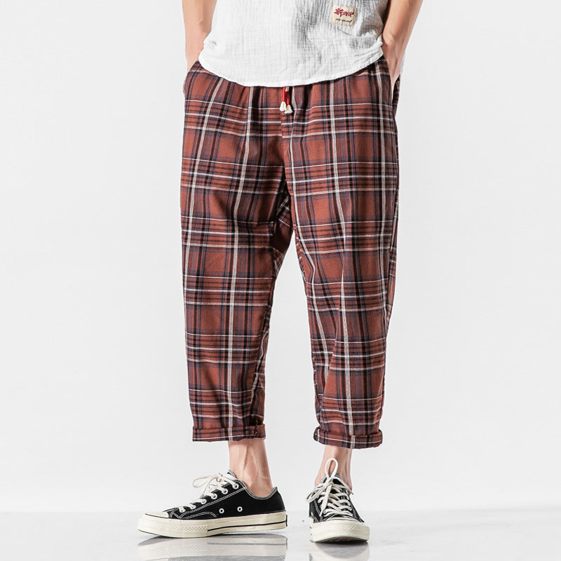 Plaid distressed Chinese style casual pants - Red / L