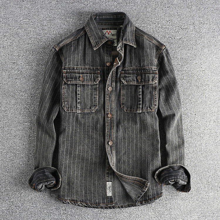 Men’s British Retro Black Gray Striped Denim Shirt - Black And Gray / M
