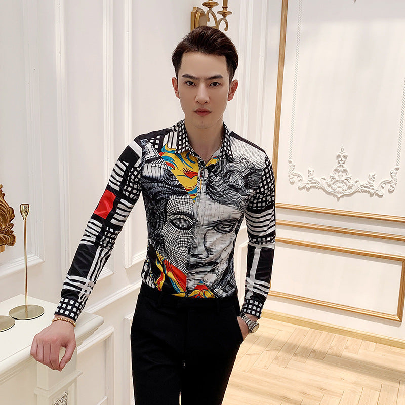 Black Rose Pattern Digital Printing Men’s Long-sleeved Shirt - Black / M