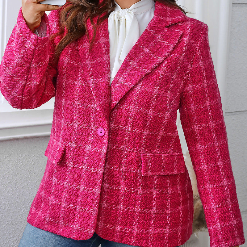 Temperament Commute Plaid Plus Size Coat - Rose Red / 0XL