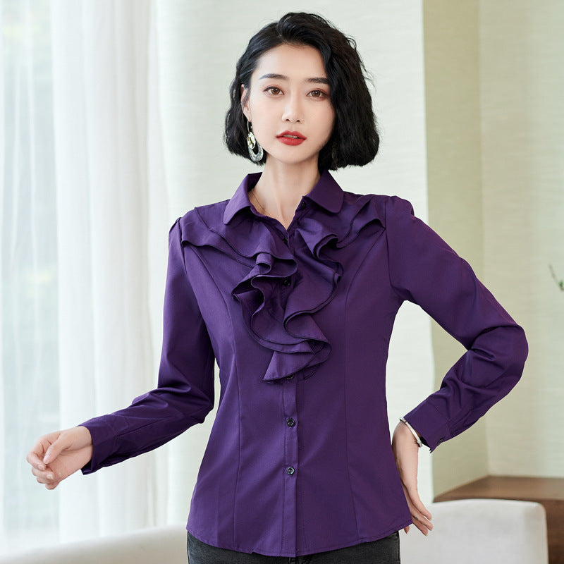 Women’s Shirt Long Sleeve Casual Ruffles Business Shirt - Purple / S