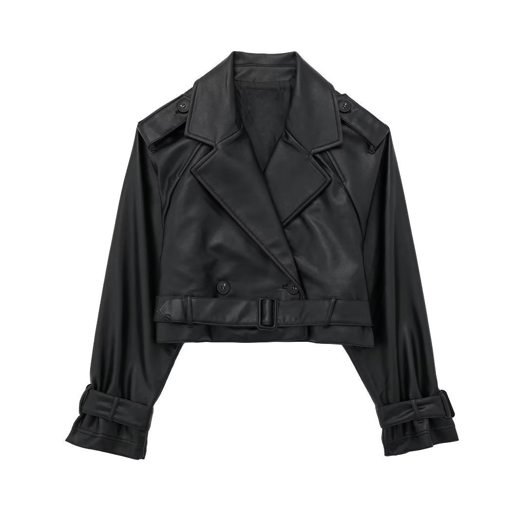 Autumn New European And American Leisure Imitation Leather Loose Short Trench Coat - Black / XS
