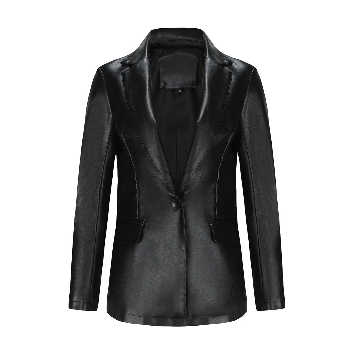 Single Button Commute Leisure Solid Color Leather Coat - Black / S