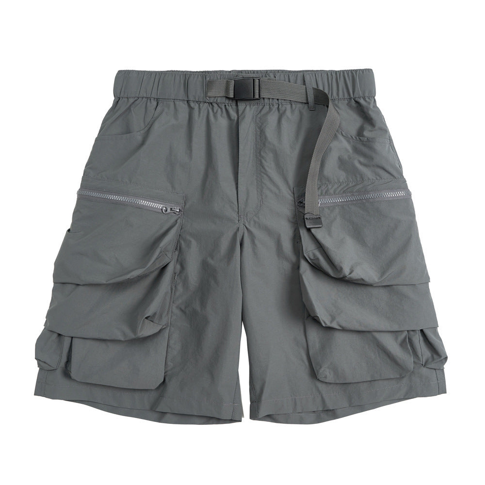 With Belt Workwear Men’s Summer Sports Loose Outdoor Large Pocket Zipper Design Wide Leg Shorts - Gray / S