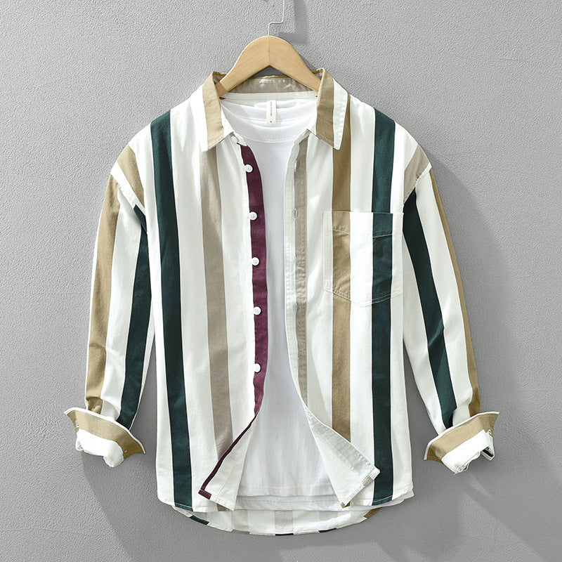 Striped Long Sleeve Shirt Men’s Versatile Leisure Artistic Loose Square Collar Top - White / M