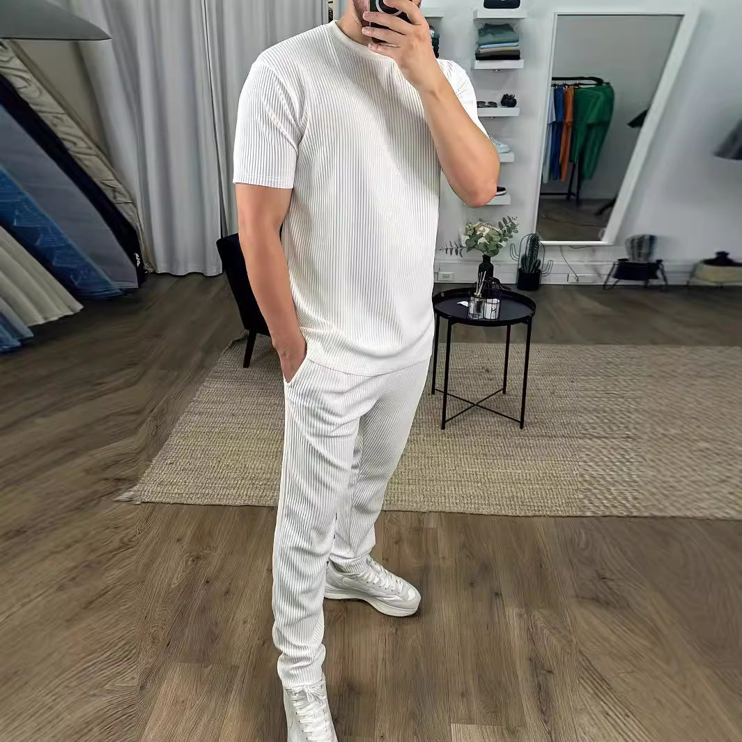 European And American Slim Fit Round Neck Pullover Short Sleeve Trousers Two-piece Set - White / S