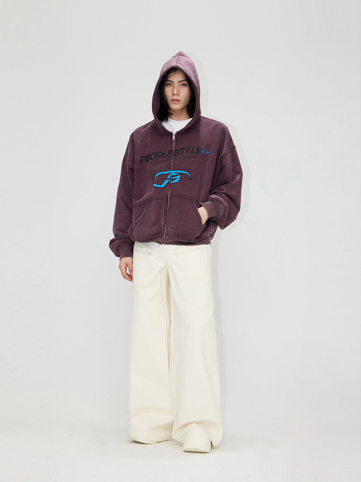 Embroidered 480g Heavy Washing Zipper Sweater - Purple / M