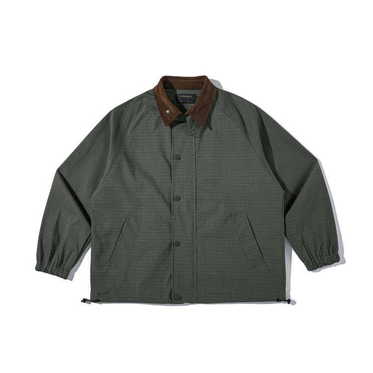 Retro Corduroy Lapel Workwear Plaid Casual Loose Jacket - Green / M