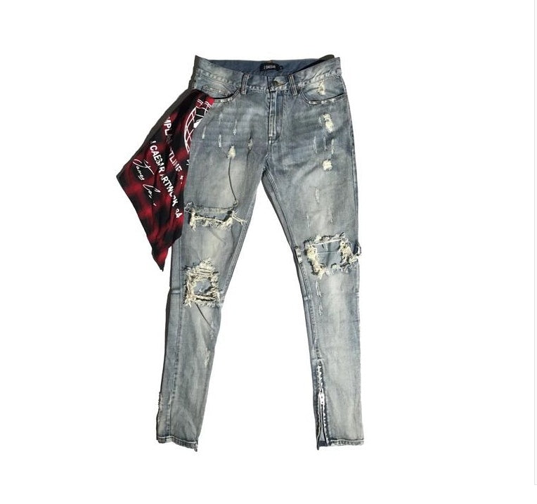 Washed holes in jeans men and women GRE hip hop street trend stars with the same paragraph - L