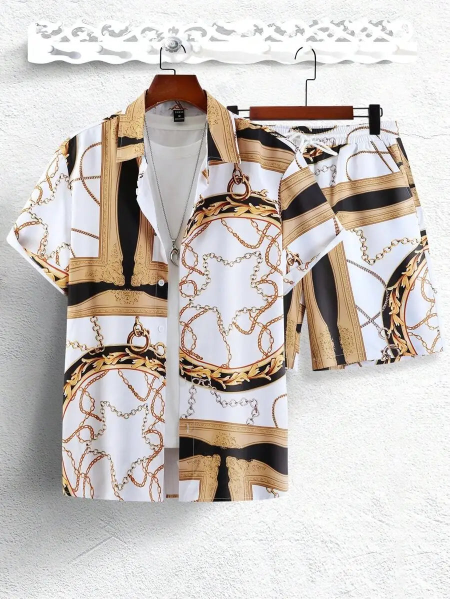 Gold Luxury Chain 3D Digital Printing Shirt Shorts Suit