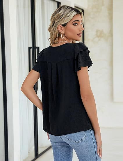 Summer Pleated Short Sleeve Round Neck Top Business Work Shirt