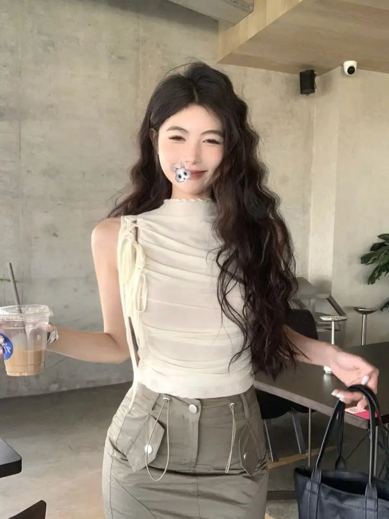 Design Mesh Lace-up Waist-controlled Pleated Vest