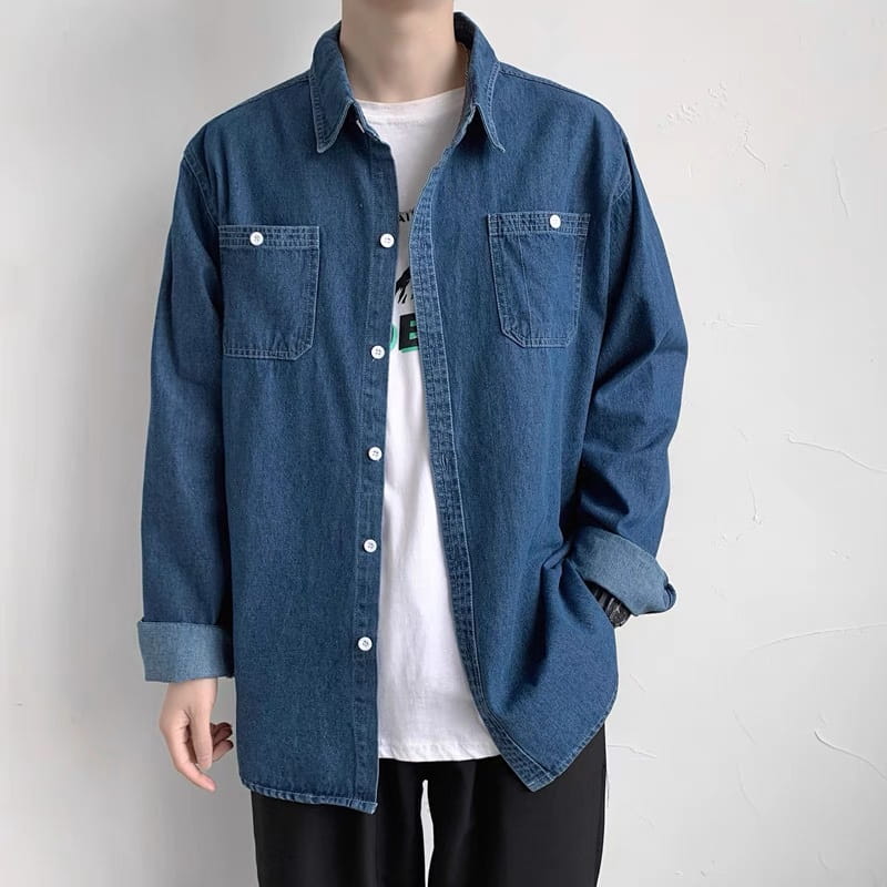 Denim Long Sleeve Shirt Men’s Spring And Autumn Turn-down Collar Coat Japanese Style