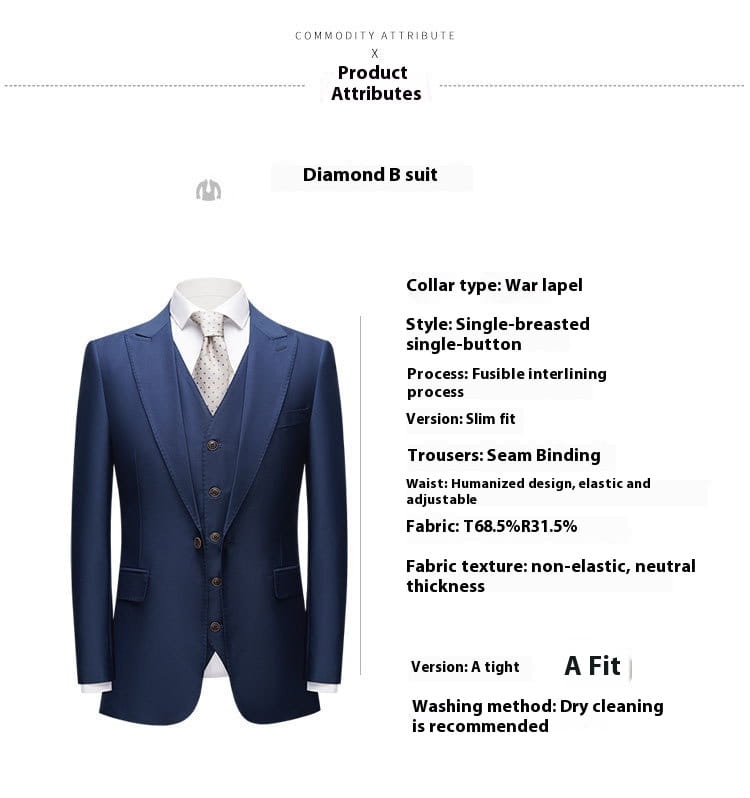 Men’s British Korean Slim Fit Dark Blue Casual Three-piece Suit