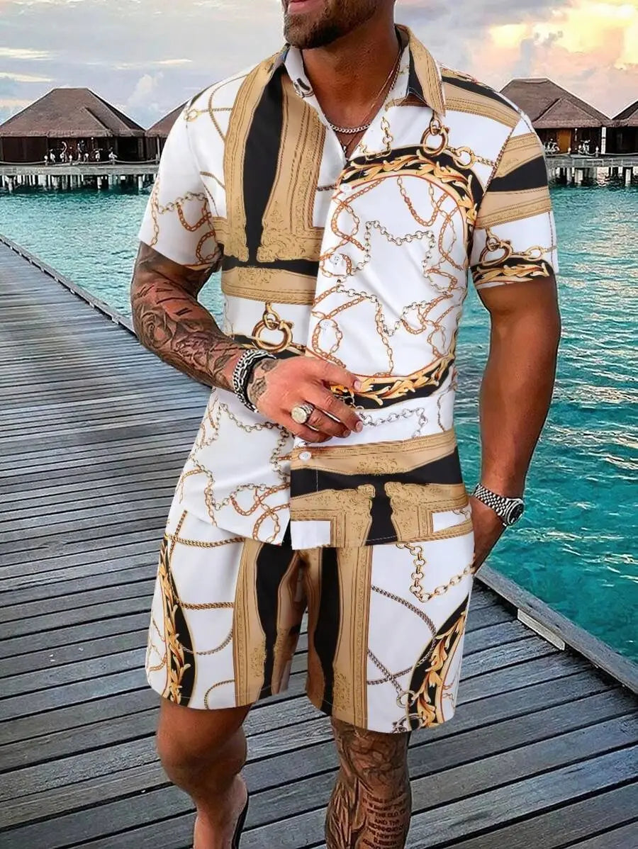 Gold Luxury Chain 3D Digital Printing Shirt Shorts Suit