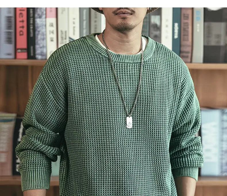 Pineapple Pattern Waffle Thick Needle Washed Round Neck Sweater