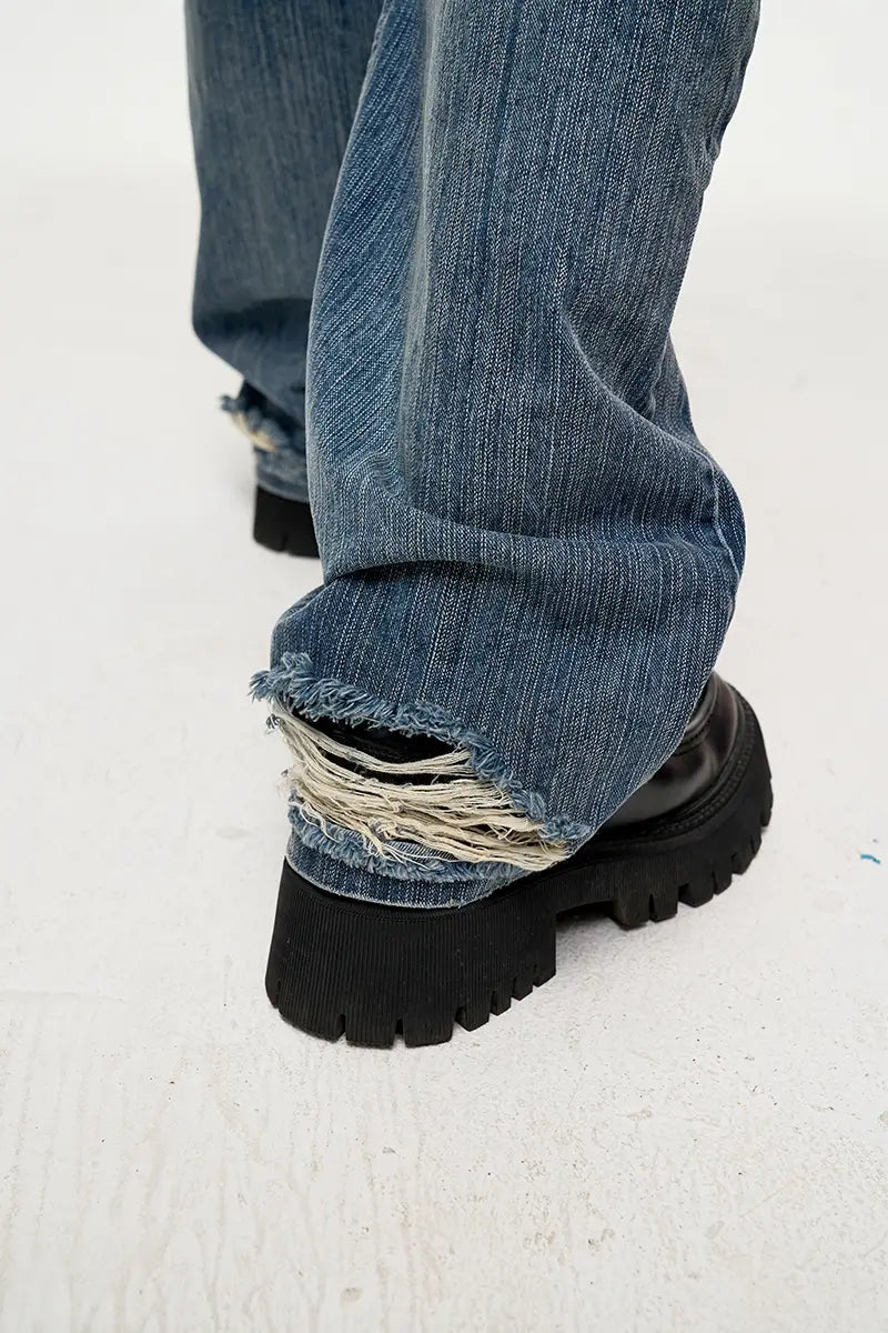 Retro Multi-pocket Stitching Denim Contrast Color Loose Straight Casual Pants