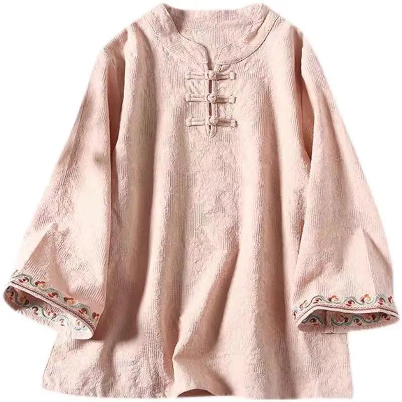 Artistic Cotton Linen Jacquard Embroidered Bell Sleeve Shirt