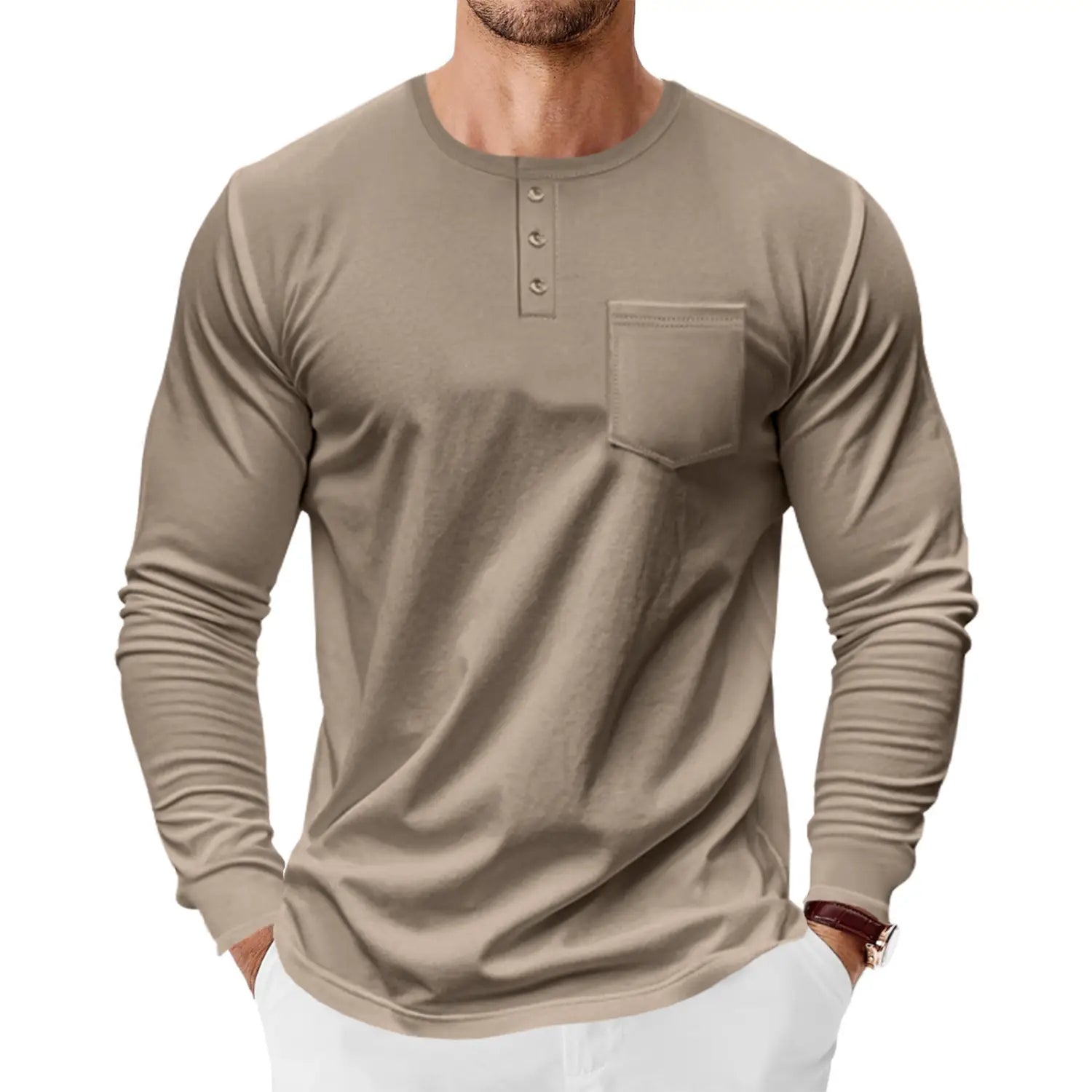 Men’s Spring And Autumn Henley Shirt Long Sleeve