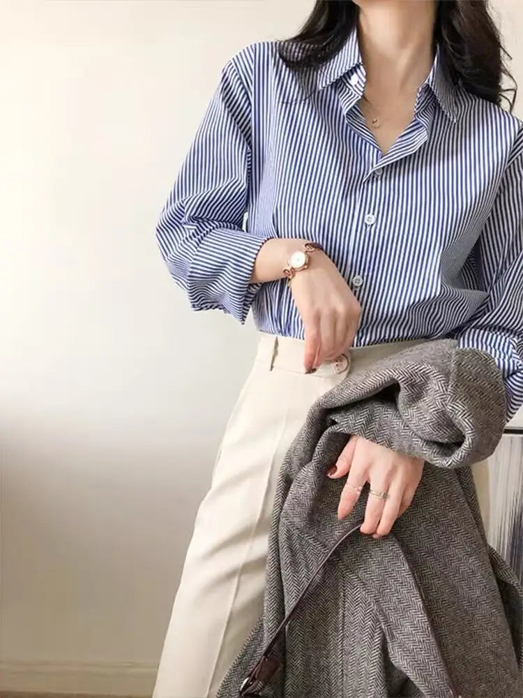 Blue Professional Striped Shirt For Women