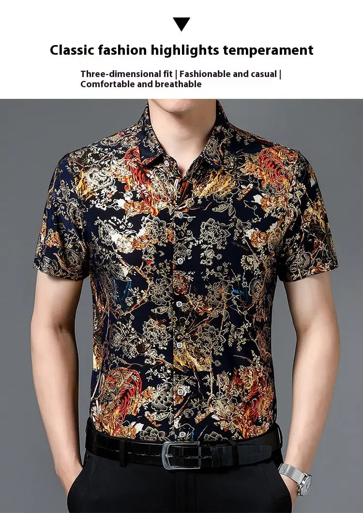 Summer Men’s Middle-aged Printed Shirt Short Sleeve Stretch Ice Silk Leisure