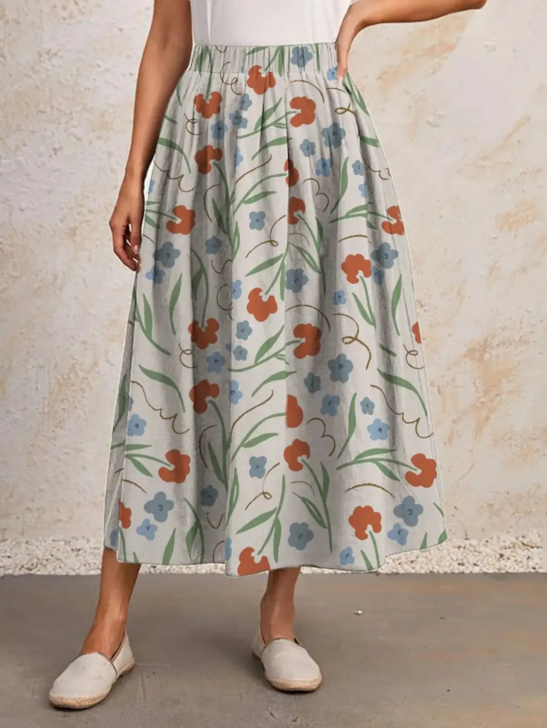 Printed Elastic Waist Slimming Large Hem Skirt