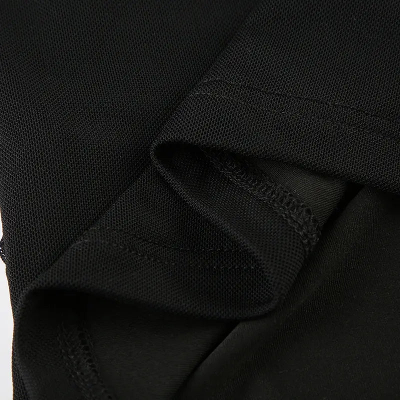 Deep V Design Small Pleated Pure Color Mesh Stitching Short Sleeve