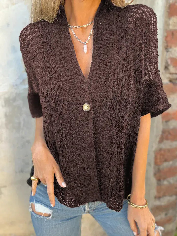 One Button Half Sleeve Hollow Out Knitted Cardigan Top