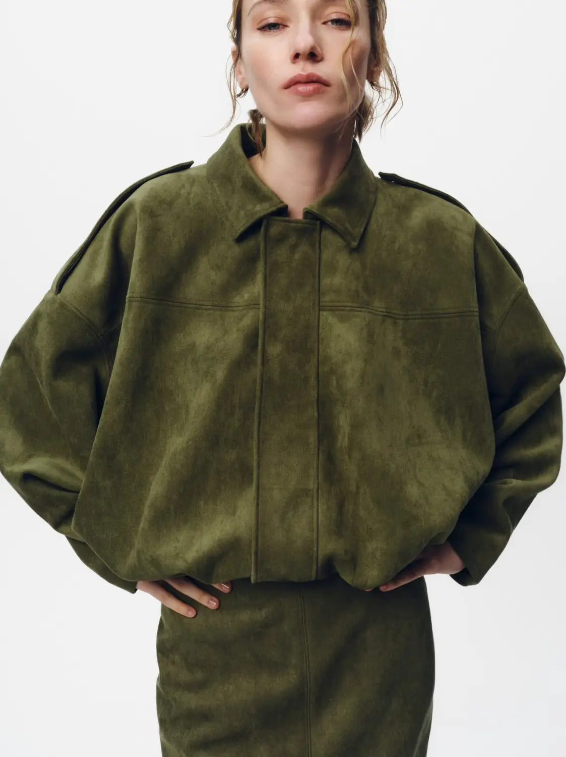 Women’s Batwing Sleeve Lapel Suede Texture Effect Pilot Jacket