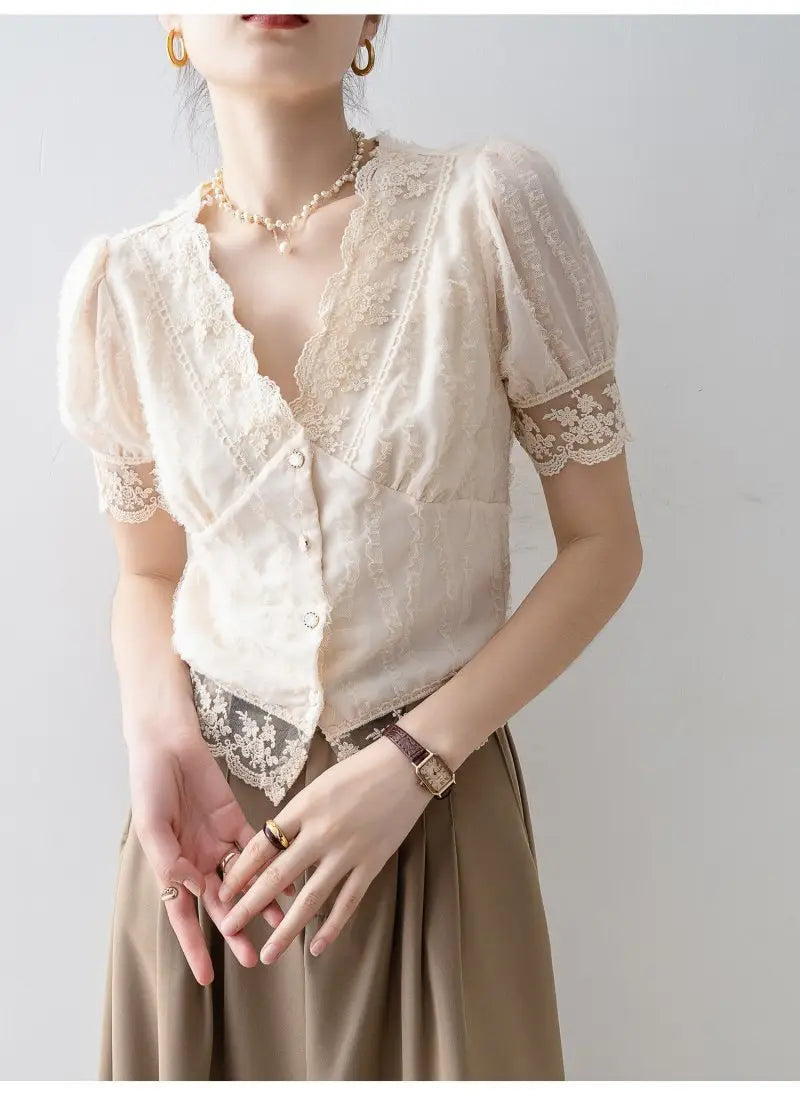 New Women’s Summer Short Sleeve Chiffon Lace Shirt Top