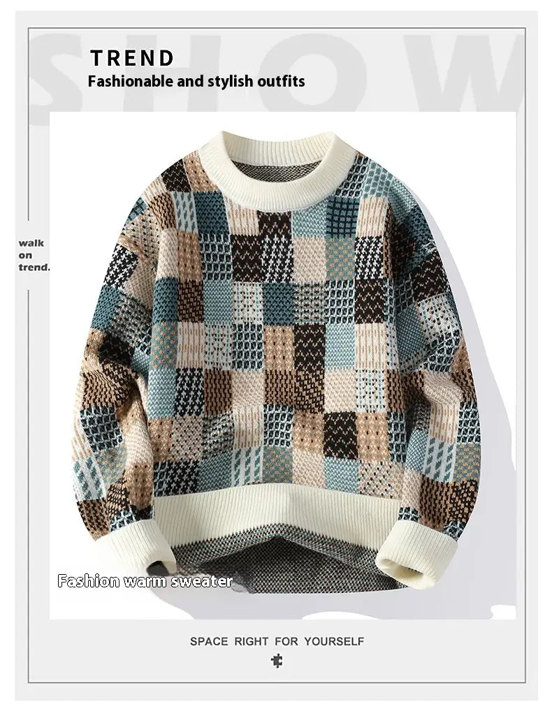 Men’s Simple Casual Plaid Printed Thick Warm Sweater