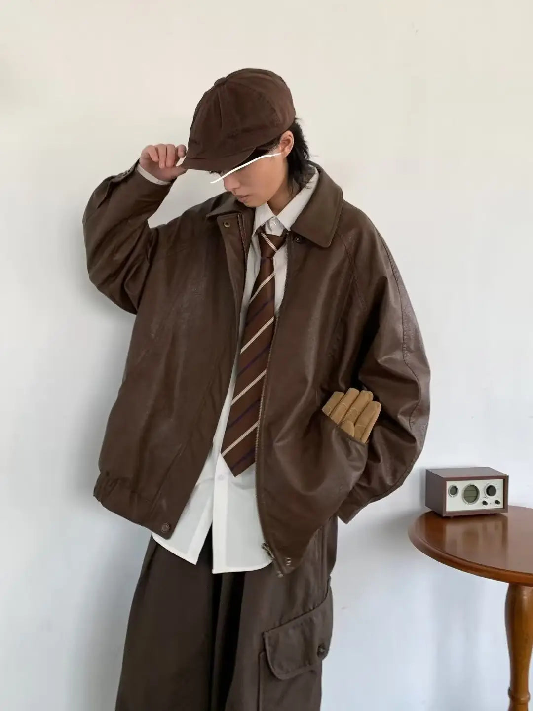 Japanese-style Retro Distressed Lapel Pu Jacket
