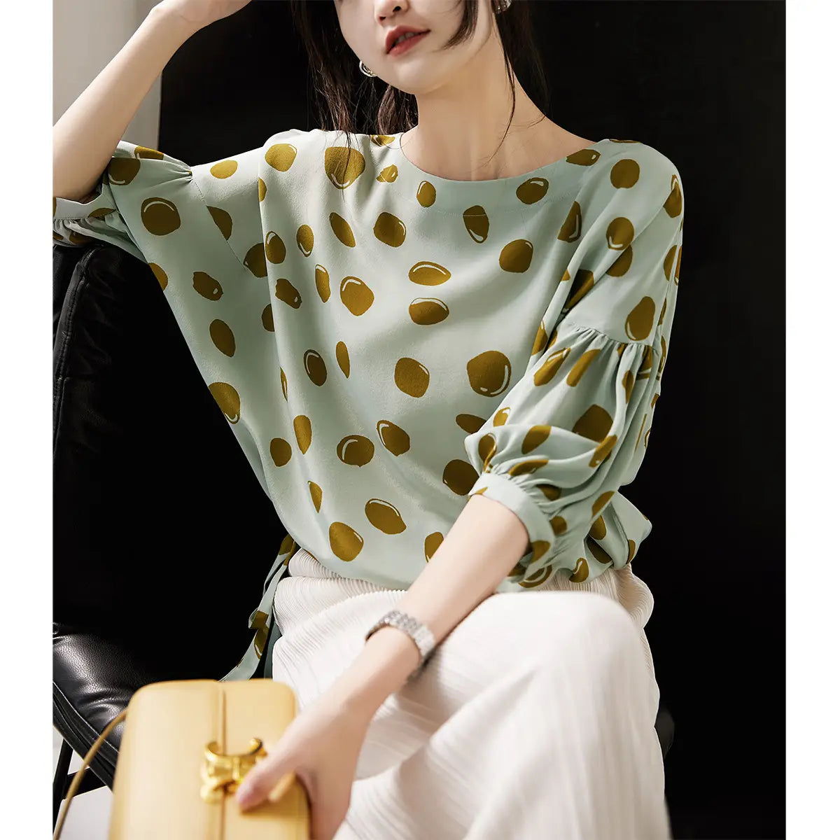 Elegant Retro Romantic Bubble Print Lantern Sleeve Shirt Top