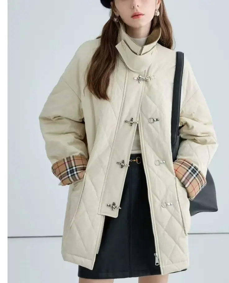Polyester Cotton Women’s Aircraft Buckle Quilted Trench Coat Coat