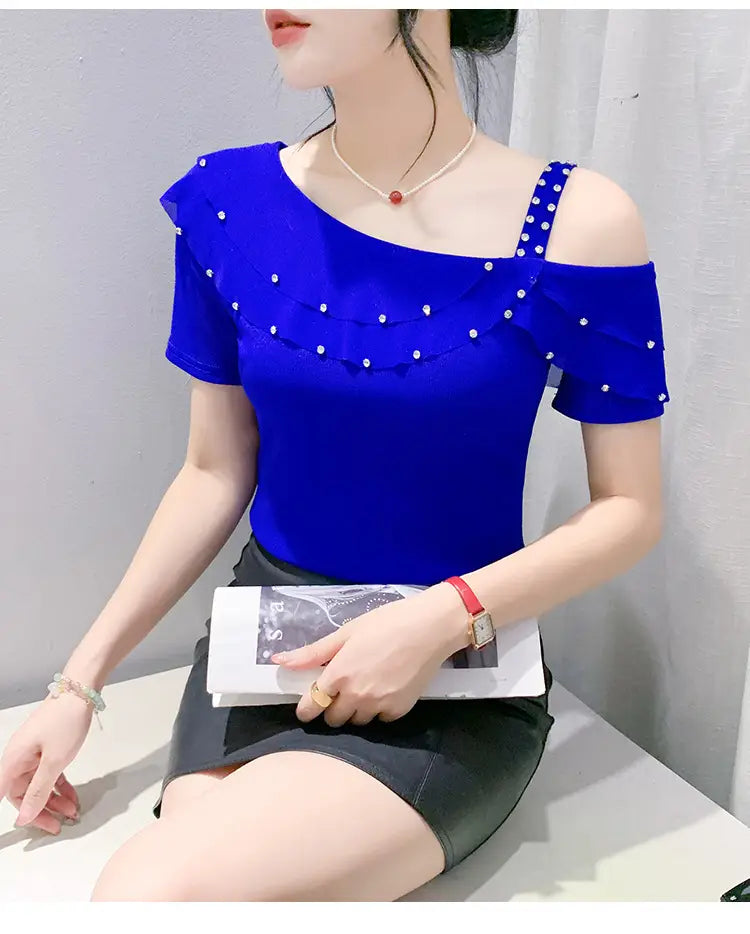 Ruffled Short Sleeves Off-the-shoulder Filamentation Top