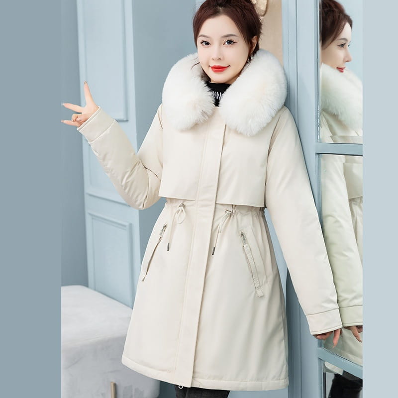 Women’s Mid-length Loose Cotton Coat Fleece-lined Thickened Cinched Coat