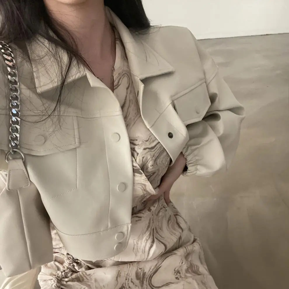 Chic Lapel Double Pocket Leather Top Leather Coat