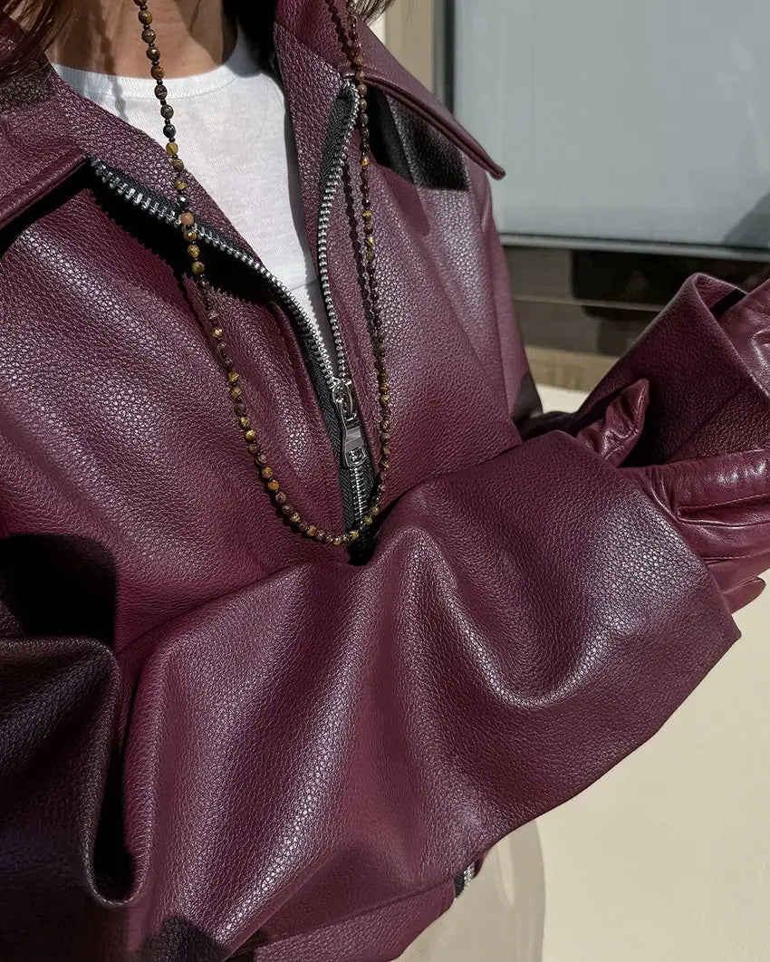 Retro Biker’s Style Wine Red European And American Handsome Matte Leather Jacket Coat