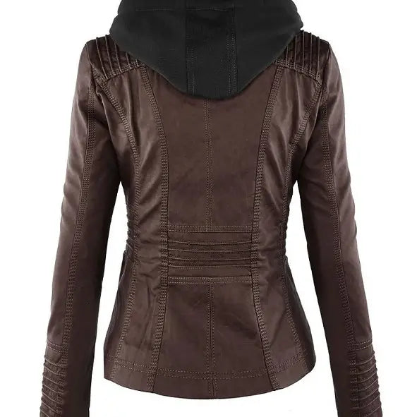 Women’s Detachable Lapel Long Sleeve Solid Color Zipper Leather Jacket Coat