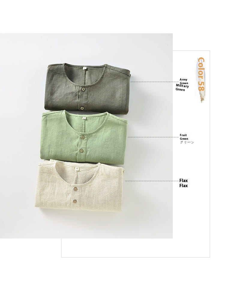 Casual Linen Men’s Simple Round Neck 34 Sleeves Linen T-shirt Loose Breathable Top