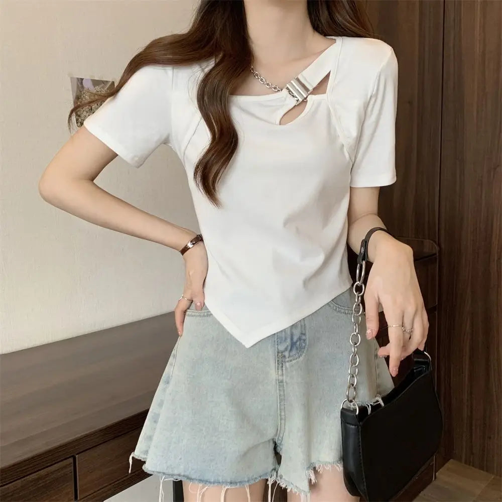 Slim Fit And Thin Cover Belly Hot Girl Irregular Short-sleeved T-shirt For Women