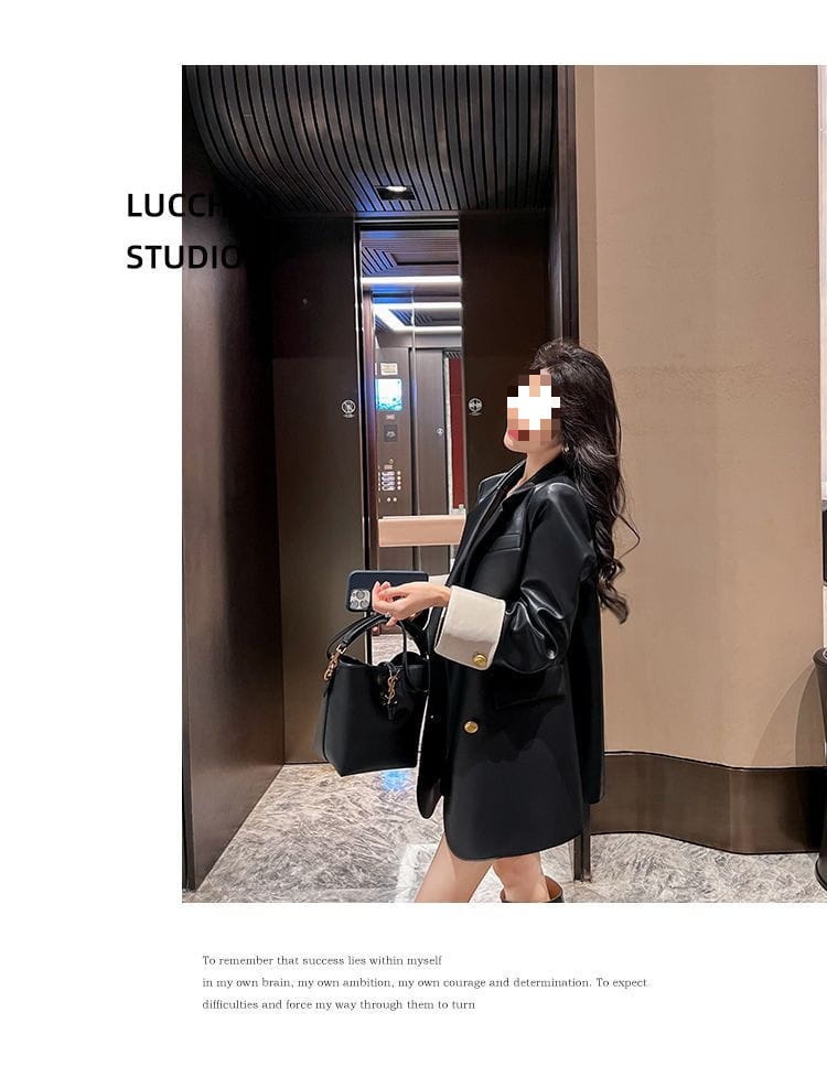 High Sense Black PU Leather Coat Women