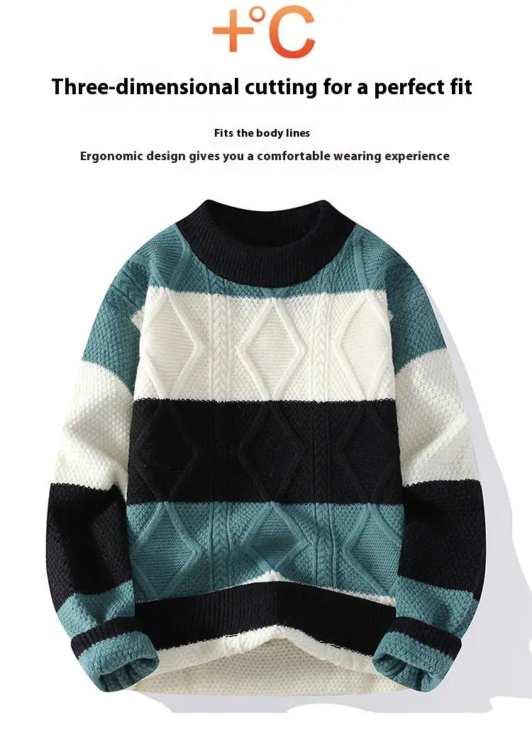 Men’s Casual Round Neck Sweater Contrast Color Knitwear Top