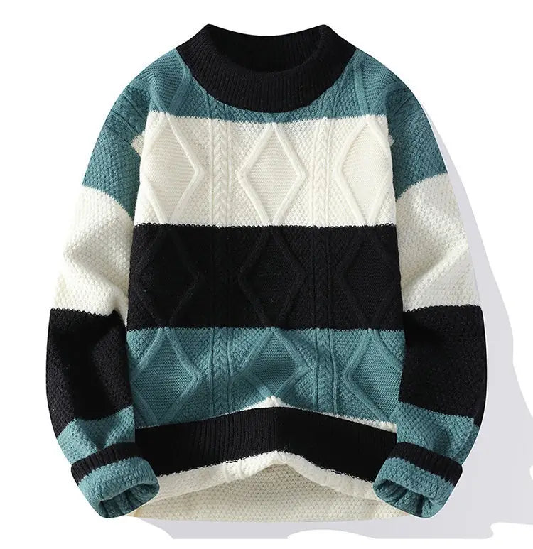 Men’s Casual Round Neck Sweater Contrast Color Knitwear Top