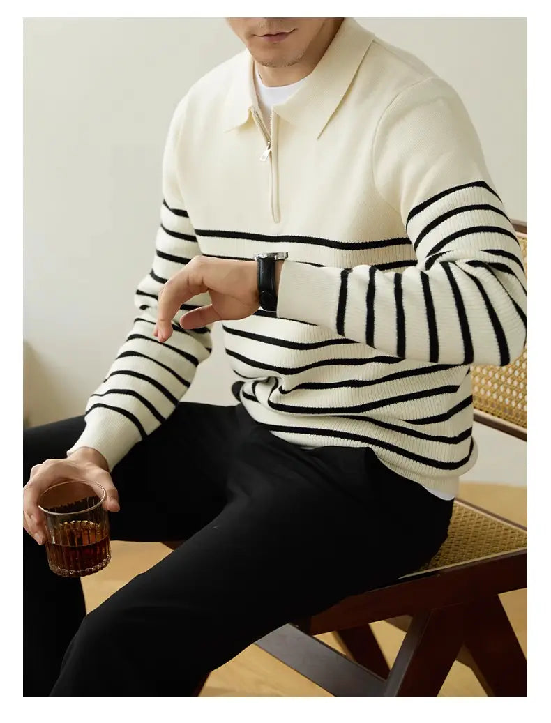 Men’s Spring And Autumn New Half Zipper Striped Business Casual Sweater