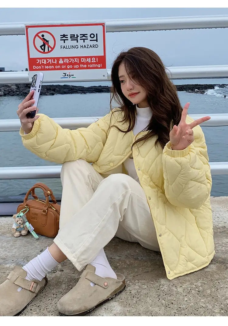 Korean Style Down Cotton Jacket Women’s Short Light Round Neck