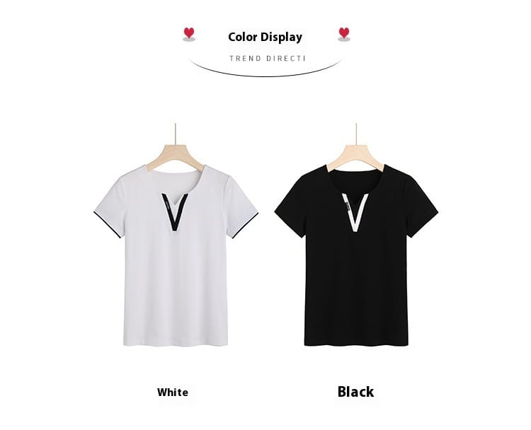 Early Spring And Summer Short-sleeved Undershirt V-neck Patchwork Fashion