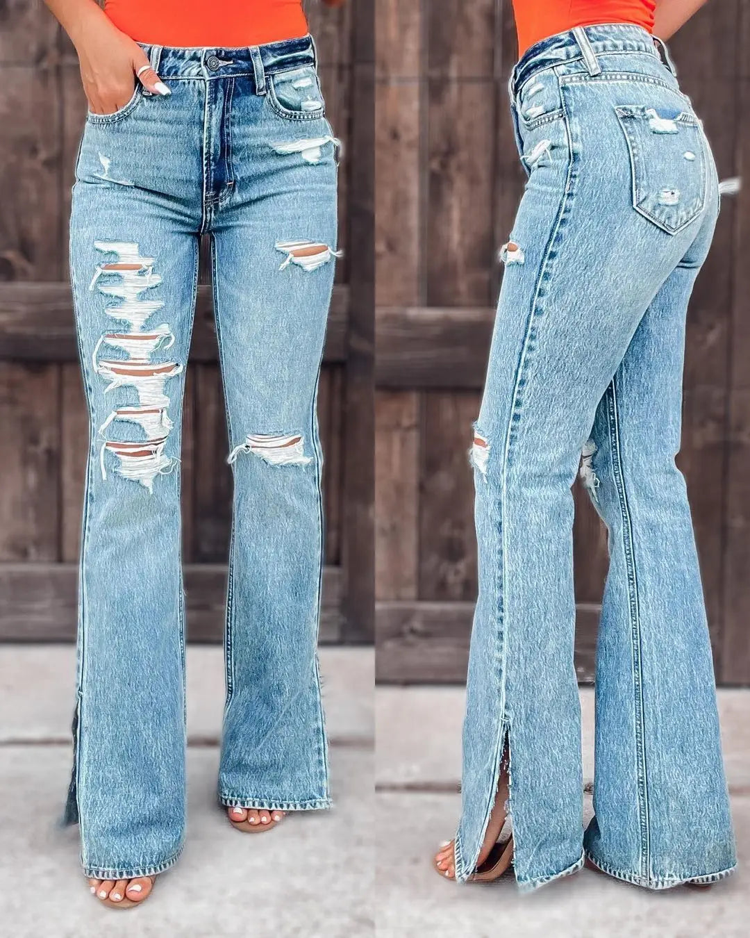 Ladies Jeans High Waist Ripped Slightly Stretch Split Trousers